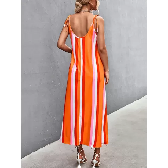 Contrast Color Striped Tied Loose Sleeveless U-Neck Slip Dress Midi Dresses Contrast Color Striped Tied Loose Sleeveless U-Neck Slip Dress Midi Dresses