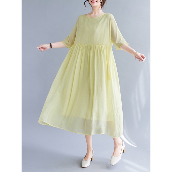 Pleated See-Through Solid Color Split-Joint Loose Short Sleeves Round-Neck Midi Dresses Pleated See-Through Solid Color Split-Joint Loose Short Sleeves Round-Neck Midi Dresses