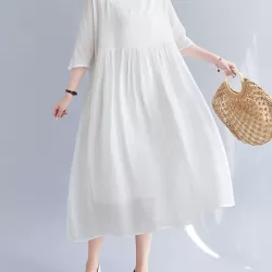 Pleated See-Through Solid Color Split-Joint Loose Short Sleeves Round-Neck Midi Dresses