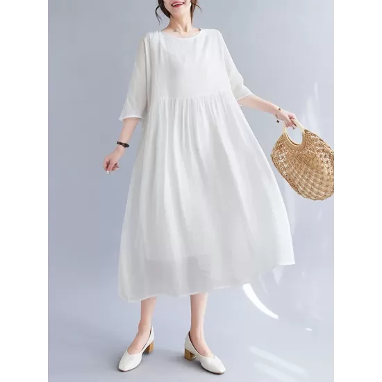 Pleated See-Through Solid Color Split-Joint Loose Short Sleeves Round-Neck Midi Dresses Pleated See-Through Solid Color Split-Joint Loose Short Sleeves Round-Neck Midi Dresses