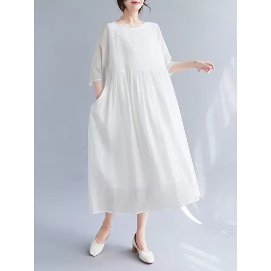 Pleated See-Through Solid Color Split-Joint Loose Short Sleeves Round-Neck Midi Dresses Pleated See-Through Solid Color Split-Joint Loose Short Sleeves Round-Neck Midi Dresses