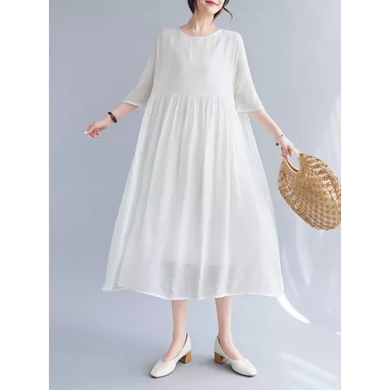 Pleated See-Through Solid Color Split-Joint Loose Short Sleeves Round-Neck Midi Dresses Pleated See-Through Solid Color Split-Joint Loose Short Sleeves Round-Neck Midi Dresses