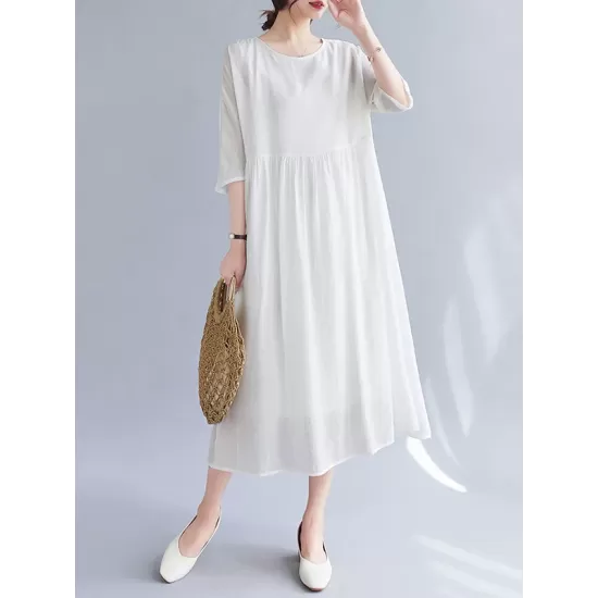 Pleated See-Through Solid Color Split-Joint Loose Short Sleeves Round-Neck Midi Dresses Pleated See-Through Solid Color Split-Joint Loose Short Sleeves Round-Neck Midi Dresses