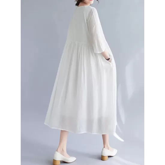 Pleated See-Through Solid Color Split-Joint Loose Short Sleeves Round-Neck Midi Dresses Pleated See-Through Solid Color Split-Joint Loose Short Sleeves Round-Neck Midi Dresses