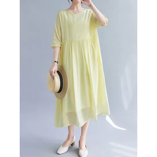 Pleated See-Through Solid Color Split-Joint Loose Short Sleeves Round-Neck Midi Dresses Pleated See-Through Solid Color Split-Joint Loose Short Sleeves Round-Neck Midi Dresses