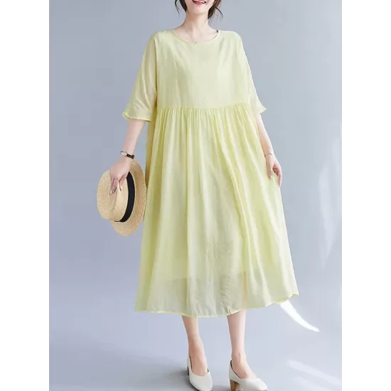 Pleated See-Through Solid Color Split-Joint Loose Short Sleeves Round-Neck Midi Dresses Pleated See-Through Solid Color Split-Joint Loose Short Sleeves Round-Neck Midi Dresses