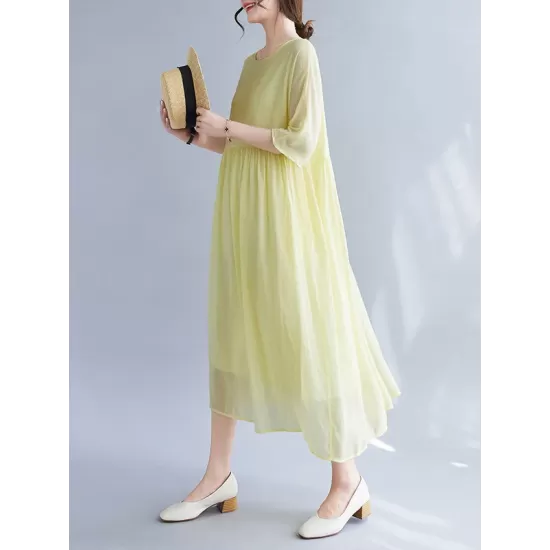 Pleated See-Through Solid Color Split-Joint Loose Short Sleeves Round-Neck Midi Dresses Pleated See-Through Solid Color Split-Joint Loose Short Sleeves Round-Neck Midi Dresses
