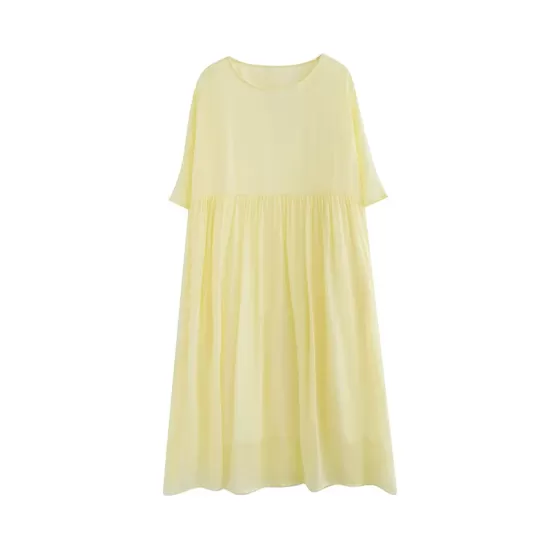 Pleated See-Through Solid Color Split-Joint Loose Short Sleeves Round-Neck Midi Dresses Pleated See-Through Solid Color Split-Joint Loose Short Sleeves Round-Neck Midi Dresses