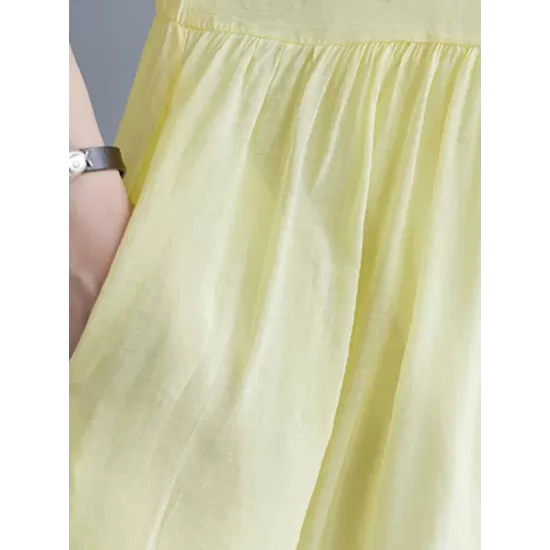 Pleated See-Through Solid Color Split-Joint Loose Short Sleeves Round-Neck Midi Dresses Pleated See-Through Solid Color Split-Joint Loose Short Sleeves Round-Neck Midi Dresses