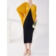 Contrast Color Pleated Batwing Sleeves Loose Round-neck Midi Dresses Contrast Color Pleated Batwing Sleeves Loose Round-neck Midi Dresses