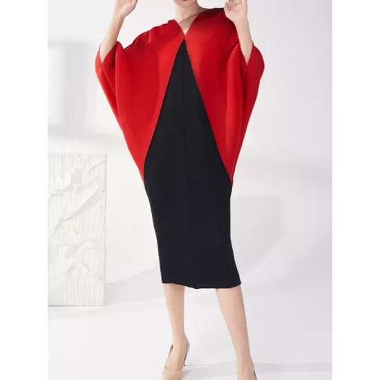 Contrast Color Pleated Batwing Sleeves Loose Round-neck Midi Dresses Contrast Color Pleated Batwing Sleeves Loose Round-neck Midi Dresses