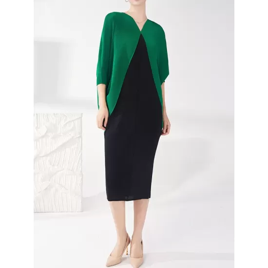 Contrast Color Pleated Batwing Sleeves Loose Round-neck Midi Dresses Contrast Color Pleated Batwing Sleeves Loose Round-neck Midi Dresses