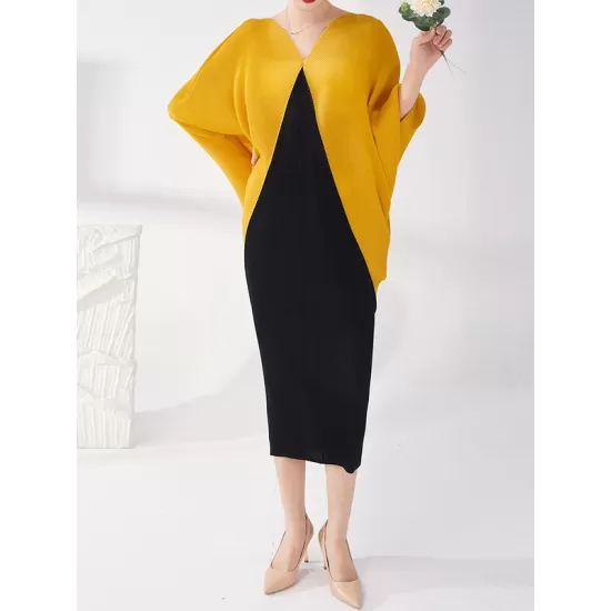 Contrast Color Pleated Batwing Sleeves Loose Round-neck Midi Dresses Contrast Color Pleated Batwing Sleeves Loose Round-neck Midi Dresses