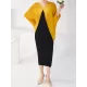 Contrast Color Pleated Batwing Sleeves Loose Round-neck Midi Dresses Contrast Color Pleated Batwing Sleeves Loose Round-neck Midi Dresses