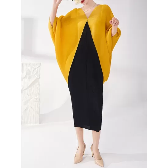 Contrast Color Pleated Batwing Sleeves Loose Round-neck Midi Dresses Contrast Color Pleated Batwing Sleeves Loose Round-neck Midi Dresses
