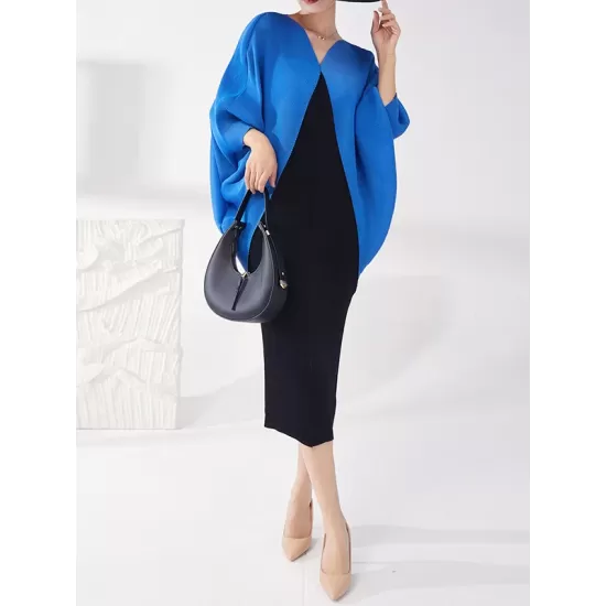 Contrast Color Pleated Batwing Sleeves Loose Round-neck Midi Dresses Contrast Color Pleated Batwing Sleeves Loose Round-neck Midi Dresses