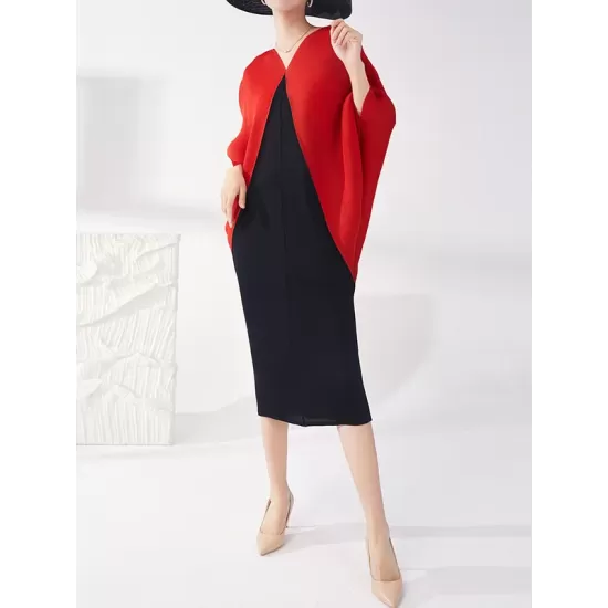 Contrast Color Pleated Batwing Sleeves Loose Round-neck Midi Dresses Contrast Color Pleated Batwing Sleeves Loose Round-neck Midi Dresses