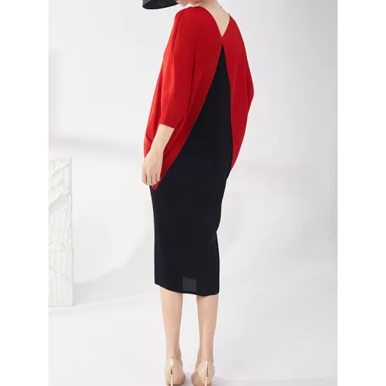 Contrast Color Pleated Batwing Sleeves Loose Round-neck Midi Dresses Contrast Color Pleated Batwing Sleeves Loose Round-neck Midi Dresses