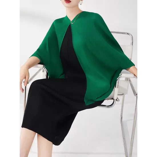 Contrast Color Pleated Batwing Sleeves Loose Round-neck Midi Dresses Contrast Color Pleated Batwing Sleeves Loose Round-neck Midi Dresses