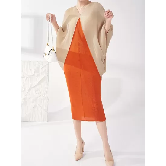 Contrast Color Pleated Batwing Sleeves Loose Round-neck Midi Dresses Contrast Color Pleated Batwing Sleeves Loose Round-neck Midi Dresses