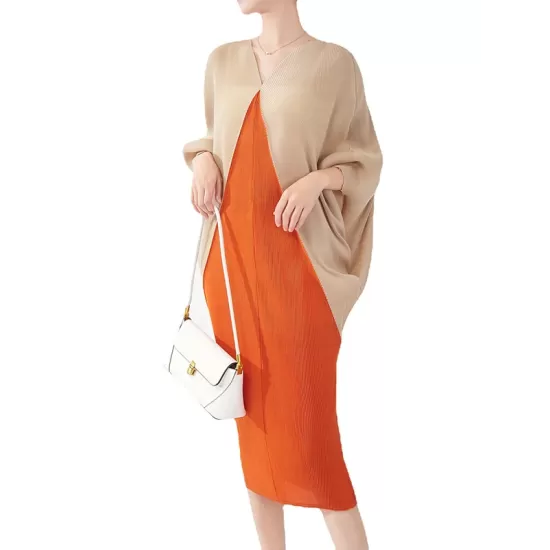 Contrast Color Pleated Batwing Sleeves Loose Round-neck Midi Dresses Contrast Color Pleated Batwing Sleeves Loose Round-neck Midi Dresses