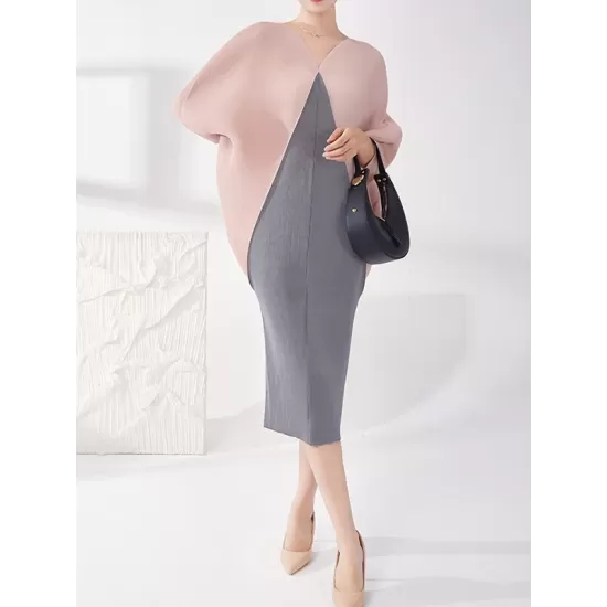 Contrast Color Pleated Batwing Sleeves Loose Round-neck Midi Dresses Contrast Color Pleated Batwing Sleeves Loose Round-neck Midi Dresses