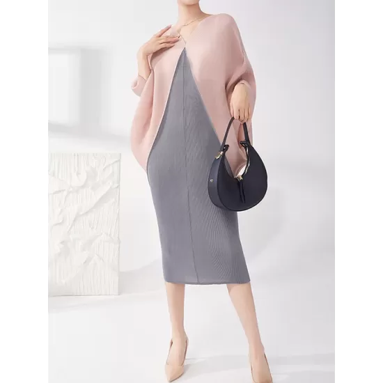Contrast Color Pleated Batwing Sleeves Loose Round-neck Midi Dresses Contrast Color Pleated Batwing Sleeves Loose Round-neck Midi Dresses