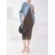 Contrast Color Pleated Batwing Sleeves Loose Round-neck Midi Dresses Contrast Color Pleated Batwing Sleeves Loose Round-neck Midi Dresses