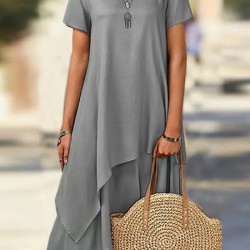 Asymmetric Solid Color Split-Joint Plus Size Short Sleeves Round-Neck Midi Dresses