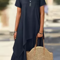 Asymmetric Solid Color Split-Joint Plus Size Short Sleeves Round-Neck Midi Dresses