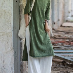 Fringed Solid Color Split-Side Half Sleeves Round-Neck Midi Dresses