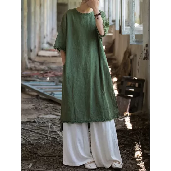 Fringed Solid Color Split-Side Half Sleeves Round-Neck Midi Dresses Fringed Solid Color Split-Side Half Sleeves Round-Neck Midi Dresses