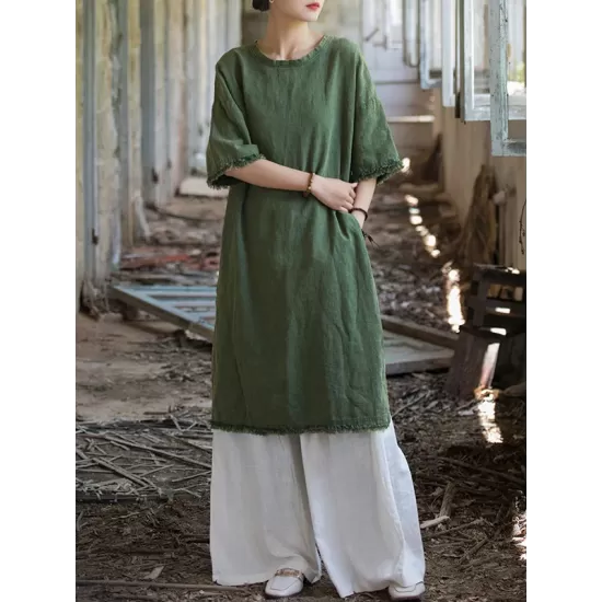 Fringed Solid Color Split-Side Half Sleeves Round-Neck Midi Dresses Fringed Solid Color Split-Side Half Sleeves Round-Neck Midi Dresses