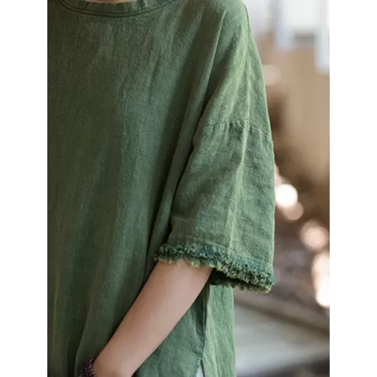 Fringed Solid Color Split-Side Half Sleeves Round-Neck Midi Dresses Fringed Solid Color Split-Side Half Sleeves Round-Neck Midi Dresses