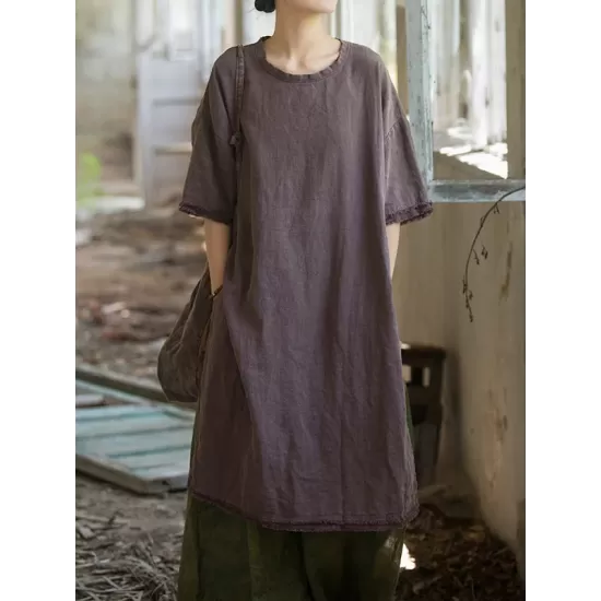 Fringed Solid Color Split-Side Half Sleeves Round-Neck Midi Dresses Fringed Solid Color Split-Side Half Sleeves Round-Neck Midi Dresses