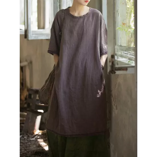 Fringed Solid Color Split-Side Half Sleeves Round-Neck Midi Dresses Fringed Solid Color Split-Side Half Sleeves Round-Neck Midi Dresses