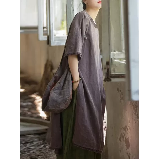 Fringed Solid Color Split-Side Half Sleeves Round-Neck Midi Dresses Fringed Solid Color Split-Side Half Sleeves Round-Neck Midi Dresses