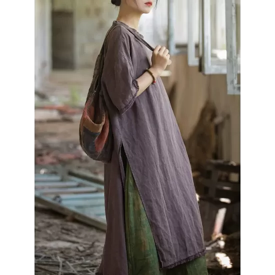 Fringed Solid Color Split-Side Half Sleeves Round-Neck Midi Dresses Fringed Solid Color Split-Side Half Sleeves Round-Neck Midi Dresses