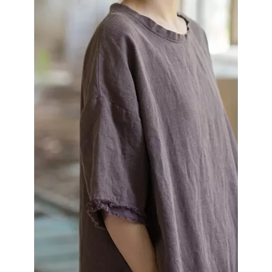 Fringed Solid Color Split-Side Half Sleeves Round-Neck Midi Dresses Fringed Solid Color Split-Side Half Sleeves Round-Neck Midi Dresses