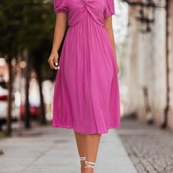 Elasticity Knot Pleated Solid Color Split-Joint A-line High Waisted V-neck Midi Dresses