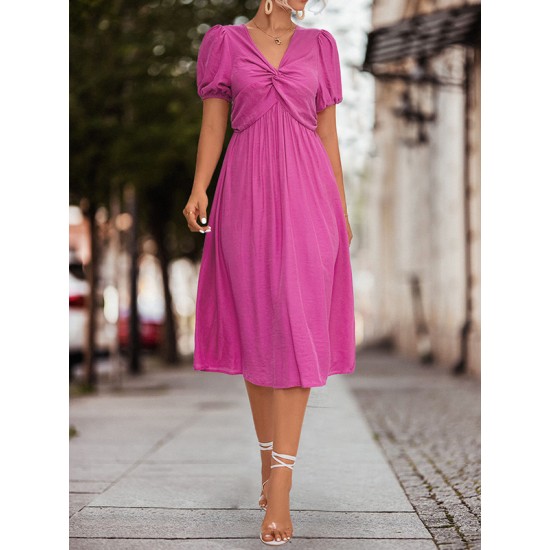 Elasticity Knot Pleated Solid Color Split-Joint A-line High Waisted V-neck Midi Dresses Elasticity Knot Pleated Solid Color Split-Joint A-line High Waisted V-neck Midi Dresses