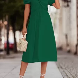 Elasticity Knot Pleated Solid Color Split-Joint A-line High Waisted V-neck Midi Dresses