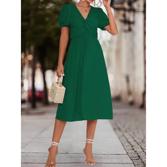 Elasticity Knot Pleated Solid Color Split-Joint A-line High Waisted V-neck Midi Dresses Elasticity Knot Pleated Solid Color Split-Joint A-line High Waisted V-neck Midi Dresses
