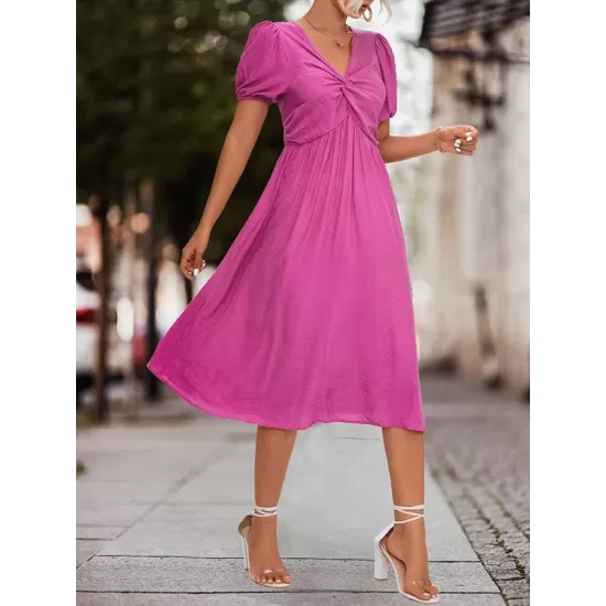 Elasticity Knot Pleated Solid Color Split-Joint A-line High Waisted V-neck Midi Dresses Elasticity Knot Pleated Solid Color Split-Joint A-line High Waisted V-neck Midi Dresses