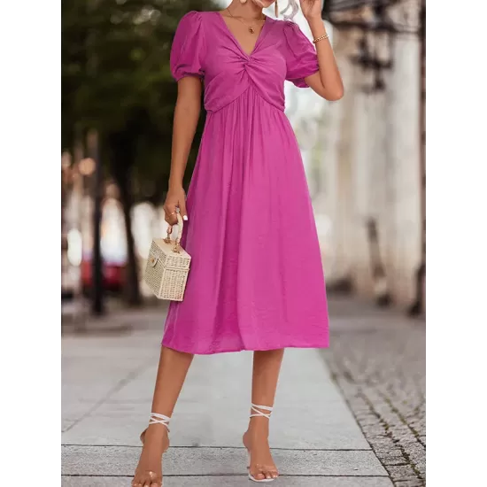 Elasticity Knot Pleated Solid Color Split-Joint A-line High Waisted V-neck Midi Dresses Elasticity Knot Pleated Solid Color Split-Joint A-line High Waisted V-neck Midi Dresses