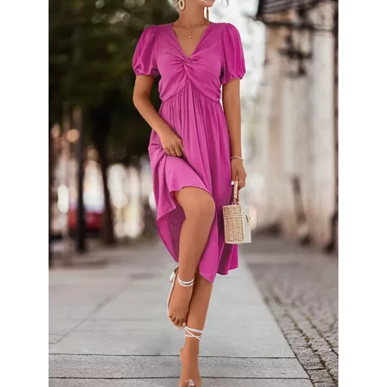 Elasticity Knot Pleated Solid Color Split-Joint A-line High Waisted V-neck Midi Dresses Elasticity Knot Pleated Solid Color Split-Joint A-line High Waisted V-neck Midi Dresses