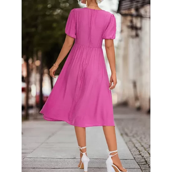 Elasticity Knot Pleated Solid Color Split-Joint A-line High Waisted V-neck Midi Dresses Elasticity Knot Pleated Solid Color Split-Joint A-line High Waisted V-neck Midi Dresses