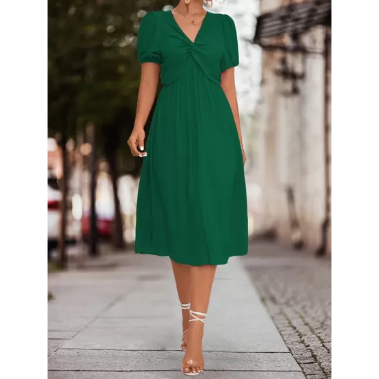 Elasticity Knot Pleated Solid Color Split-Joint A-line High Waisted V-neck Midi Dresses Elasticity Knot Pleated Solid Color Split-Joint A-line High Waisted V-neck Midi Dresses