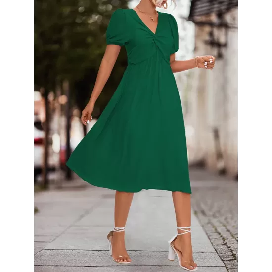 Elasticity Knot Pleated Solid Color Split-Joint A-line High Waisted V-neck Midi Dresses Elasticity Knot Pleated Solid Color Split-Joint A-line High Waisted V-neck Midi Dresses