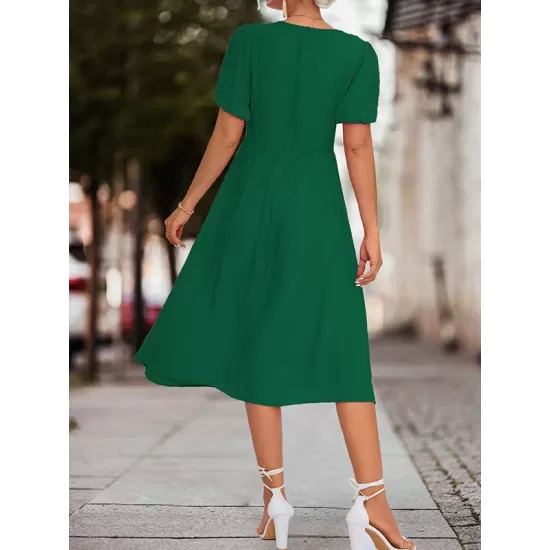 Elasticity Knot Pleated Solid Color Split-Joint A-line High Waisted V-neck Midi Dresses Elasticity Knot Pleated Solid Color Split-Joint A-line High Waisted V-neck Midi Dresses